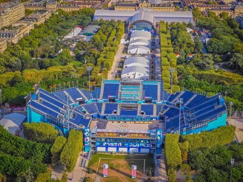 Aerial drone view of Eiffel Stadium on Champ de Mars for Olympic games. Stock-Fotos