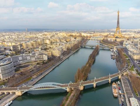 Aerial drone view of the Eiffel Tower. Wrought-iron lattice tower on the Champ Stock Photos