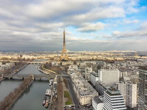 Aerial drone view of the Eiffel Tower. Wrought-iron lattice tower on the Champ Stock Photos