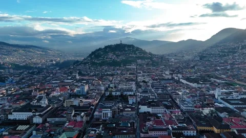 Aerial drone view of El Panecillo hill and Virgin of Quito statue overlooking th Stock Footage 326226732