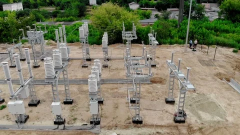 Aerial drone view of an electrical substation under construction in Ukraine Stock Footage 340878843