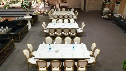 Aerial Drone View of Elegant Wedding Hall with White Tables and Chairs Stock Footage 345271036
