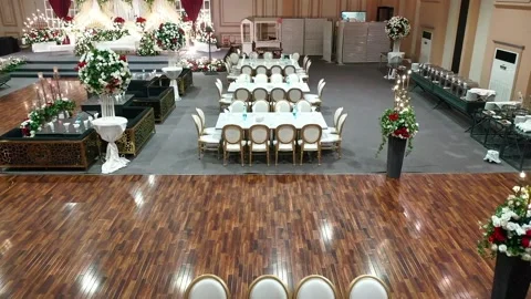 Aerial Drone View of Elegant Wedding Hall with White Tables and Chairs Stock Footage 345271272