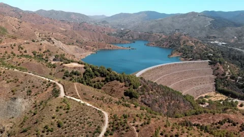 Aerial drone view of Embalse del Limonero dam and reservoir in Malaga, Spai.. Stock Footage 340918201