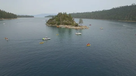 Aerial drone view of Emerald Bay and Fannette Island in Lake Tahoe, California Video stock 100848288