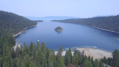Aerial drone view of Emerald Bay and Fannette Island in Lake Tahoe, California Stock Footage 100848529
