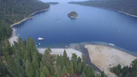 Aerial drone view of Emerald Bay and Fannette Island in Lake Tahoe, California Video stock 100848607