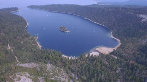 Aerial drone view of Emerald Bay and Fannette Island in Lake Tahoe, California Video stock 100848673