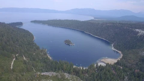 Aerial drone view of Emerald Bay and Fannette Island in Lake Tahoe, California Stock-Footage 100849166