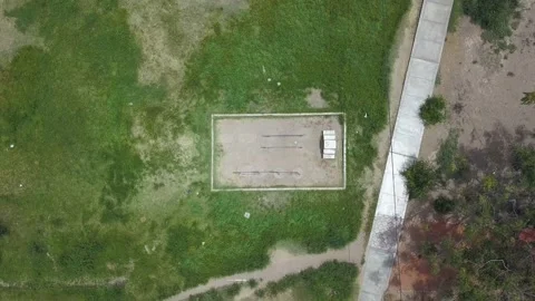 Aerial drone view of an empty mini gym in a city park in the daytime. Stock Footage 150293215