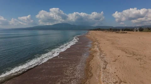 Aerial Drone View of Empty Sandy Beach and Calm Sea Near Kalamata Stock-Footage 330962205
