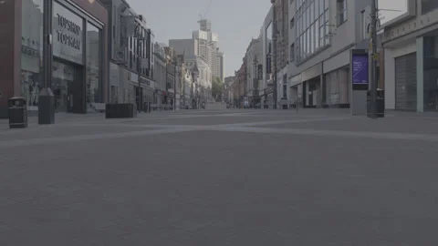 Aerial drone view of Empty shopping street in Leeds during Covid 19 pandemic. Stock Footage 132897133