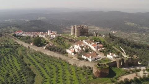 Aerial drone view of Evoramonte and castle in Alentejo, Portugal Stock Footage 115836359