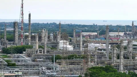 Aerial drone view of an expansive coastal oil refinery complex. Stock Footage 337711204