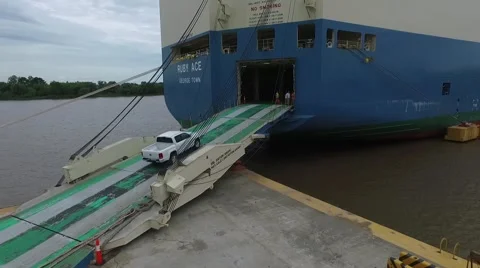 Aerial drone view from an export  cargo ship that it's been loaded with pick up Vídeo Stock 62834849