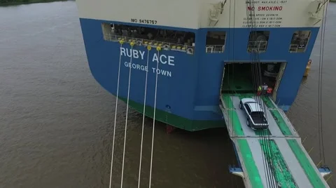 Aerial drone view from an export  cargo ship that it's been loaded with pick up Vídeo Stock 62835388