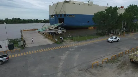 Aerial drone view from an export  cargo ship that it's been loaded with pick up Vídeo Stock 62835544