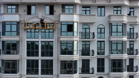 Aerial drone view of facade of modern typical new residential building light Vidéo 147927191