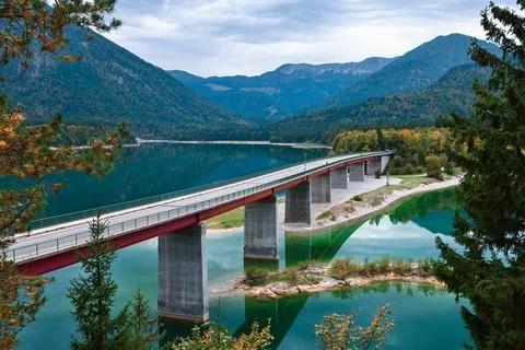Aerial drone view of Faller-Klamm-Brucke bridge over Silvenstein lake, Karw.. Stock Photos