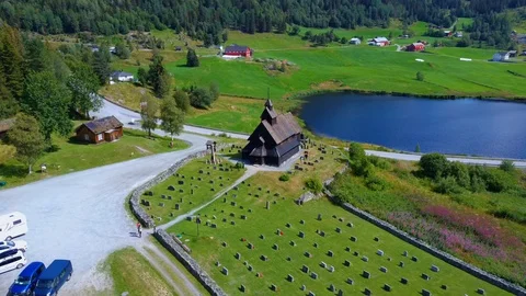 Aerial drone view of famous Eidsborg Stave Church, Norway Video stock 129831825
