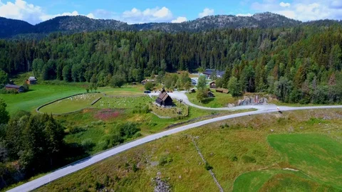 Aerial drone view of famous Eidsborg Stave Church, Norway Stock-Footage 129831826