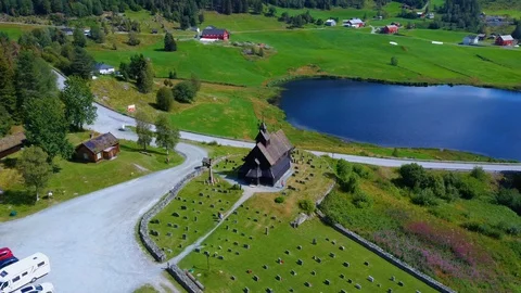 Aerial drone view of famous Eidsborg Stave Church, Norway Stock Footage 129831862