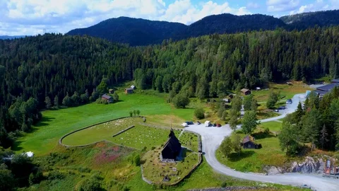 Aerial drone view of famous Eidsborg Stave Church, Norway Stock Footage 129831888
