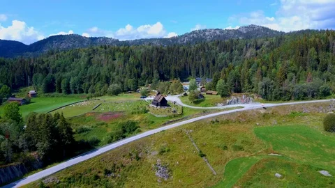 Aerial drone view of famous Eidsborg Stave Church, Norway Stock Footage 129831930