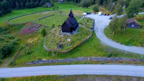 Aerial drone view of famous Eidsborg Stave Church, Norway Stock Footage 129831941