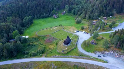 Aerial drone view of famous Eidsborg Stave Church, Norway Stock Footage 129831946