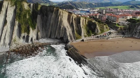 Aerial drone view of famous flysch of Zumaia, Basque Country, Spain Stock Footage 315799734