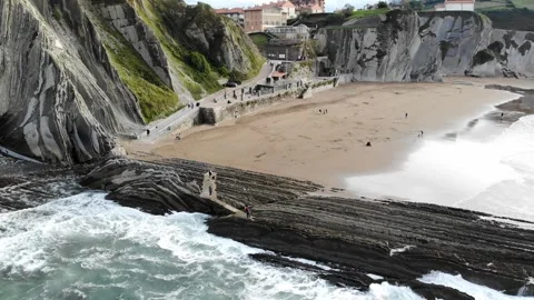 Aerial drone view of famous flysch of Zumaia, Basque Country, Spain Stock Footage 315801067