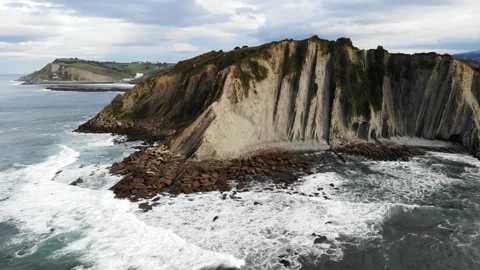 Aerial drone view of famous flysch of Zumaia, Basque Country, Spain Stock Footage 315801113