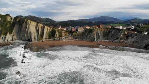 Aerial drone view of famous flysch of Zumaia, Basque Country, Spain Stock Footage 315801120