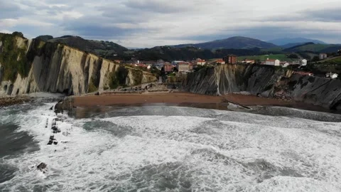 Aerial drone view of famous flysch of Zumaia, Basque Country, Spain Stock Footage 315801299