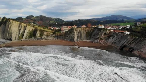 Aerial drone view of famous flysch of Zumaia, Basque Country, Spain Stock Footage 315801323