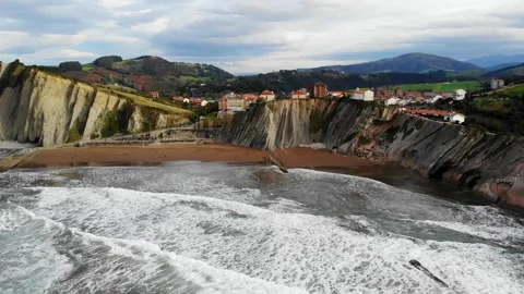 Aerial drone view of famous flysch of Zumaia, Basque Country, Spain Stock Footage 315801425