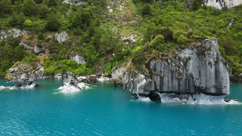 Aerial drone view of the famous marble caves of Patagonia, carved by centuries Stock Footage 321888657