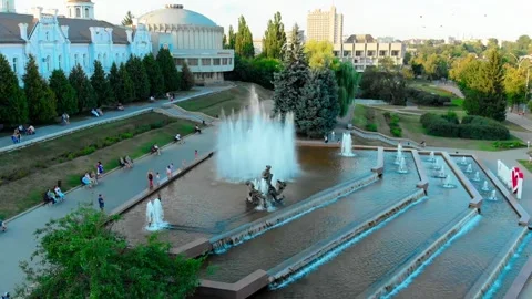 Aerial drone view of the famous Sadko Fountain in the center of Sumy, Ukraine Stock Footage 335127628