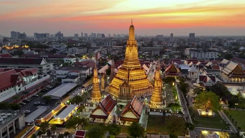 Aerial drone view of the famous Wat Arun temple or the Temple of Dawn Stock Footage 329789353