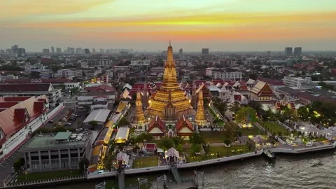 Aerial drone view of the famous Wat Arun temple or the Temple of Dawn Stock Footage 332111106