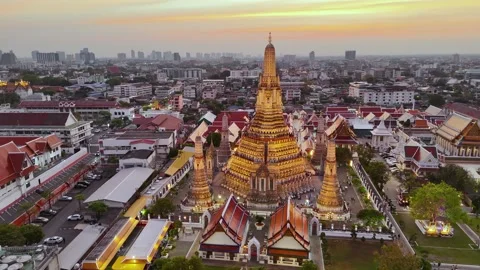 Aerial drone view of the famous Wat Arun temple or the Temple of Dawn Stock Footage 332974234