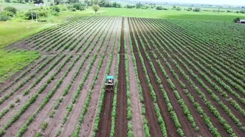 Aerial Drone View of Farmer Driving Tractor Through Agricultural Fields Stock Footage 340148348
