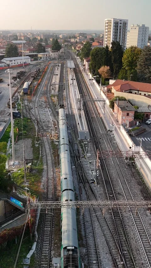 Aerial Drone View of Fast Moving Train on Railway Tracks Stock Footage 319409999