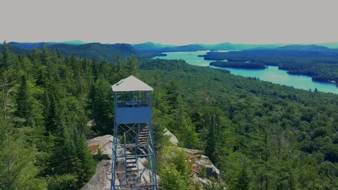 Aerial drone view of a fire tower in the Adirondack Mountains. Stock Footage 92805235