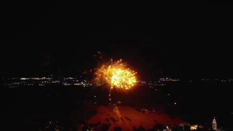 Aerial Drone View of Fireworks During Italian Village Festival at Night 動画素材 345122092