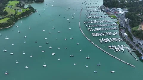 Aerial Drone View. Flight between islands and Over Marina Bay with Yachts Stock Footage 307440550
