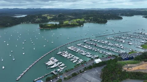 Aerial Drone View. Flight between islands and Over Marina Bay with Yachts Stock Footage 333697149