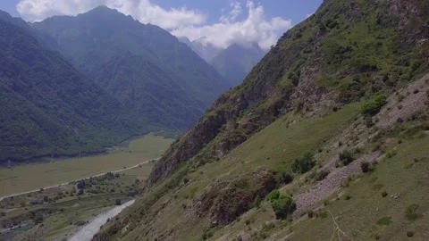 Aerial Drone View Flight over pine tree forest in Mountain. River Stock-Footage 163594958