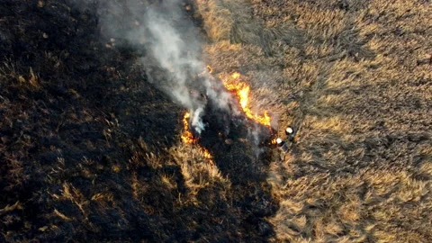 Aerial Drone View Flight Over two firefighters putting out fire in field Stock Footage 169052918